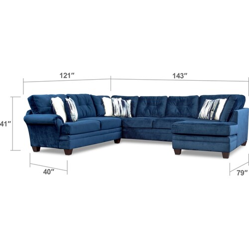 Cordelle 3-Piece Sectional with Right-Facing Chaise - Blu
